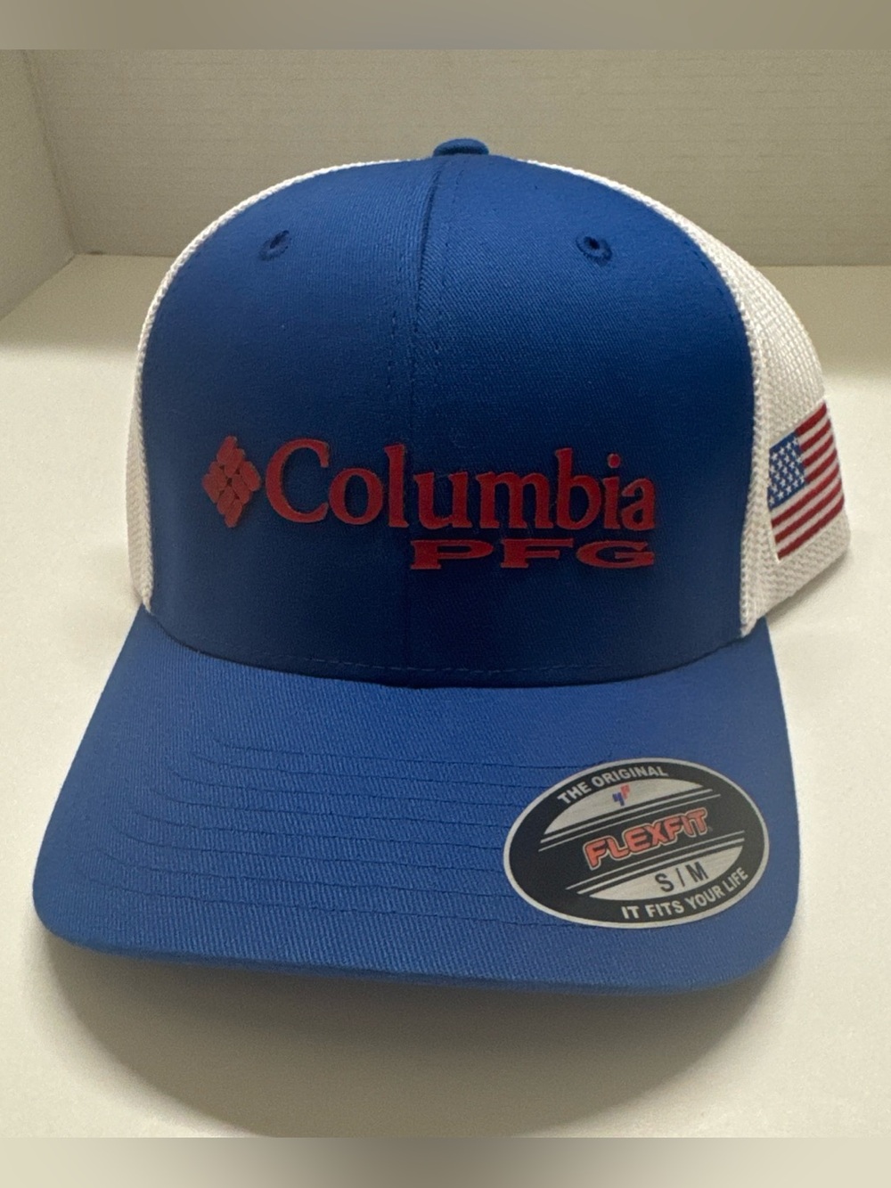 Columbia PFG USA Flag Mesh Ball Cap Unisex Adult Size S/M Blue White Flexfit Hat